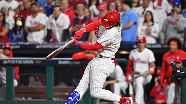 Philadelphia Phillies first baseman Bryce Harper hits a solo home run against the Atlanta Braves
